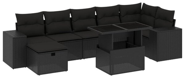 8 részes fekete polyrattan kerti ülőgarnitúra párnákkal