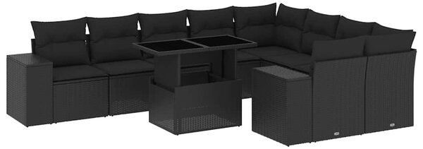 10 részes fekete polyrattan kerti ülőgarnitúra párnákkal