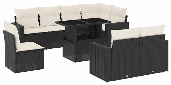 9 részes fekete polyrattan kerti ülőgarnitúra párnákkal