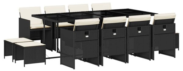 13 részes fekete polyrattan kerti ülőgarnitúra párnákkal