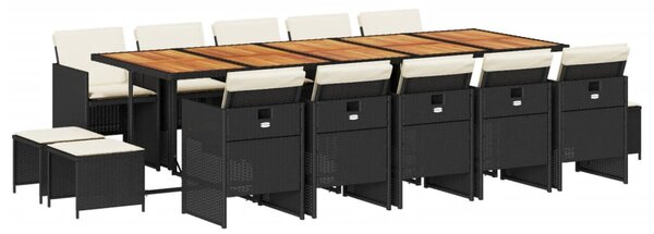 15 részes fekete polyrattan kerti étkezőgarnitúra párnákkal