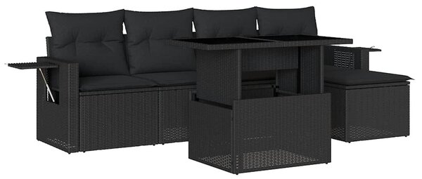 6 részes fekete polyrattan kerti ülőgarnitúra párnákkal
