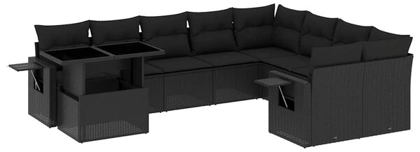 10 részes fekete polyrattan kerti ülőgarnitúra párnákkal
