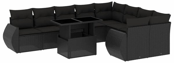 10 részes fekete polyrattan kerti ülőgarnitúra párnákkal