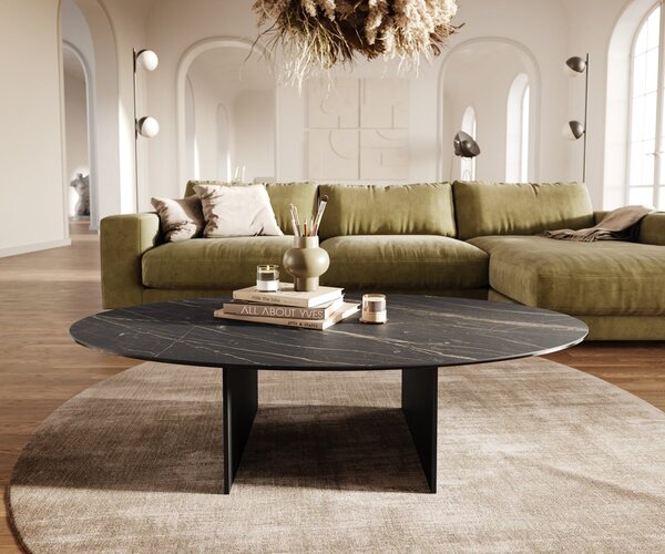 DELIFE Dohányzóasztal Edge ovális 140x80 cm Laminam® kerámia Noir Desir barna Salto fém fekete