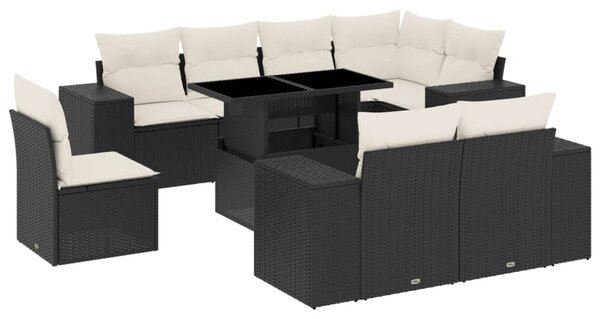 9 részes fekete polyrattan kerti ülőgarnitúra párnákkal