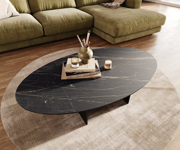 DELIFE Dohányzóasztal Edge ovális 140x80 cm Laminam® kerámia Noir Desir barna Salto fém fekete