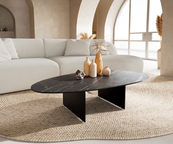 DELIFE Dohányzóasztal Edge ovális 140x75 cm Laminam® kerámia Noir Desir barna Salto fém fekete