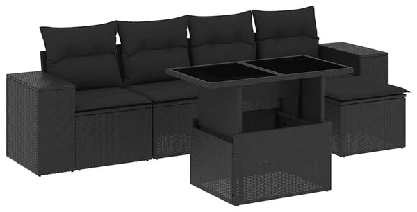 6 részes fekete polyrattan kerti ülőgarnitúra párnákkal