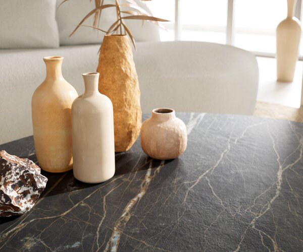 DELIFE Dohányzóasztal Edge ovális 140x75 cm Laminam® kerámia Noir Desir barna Lumia akril