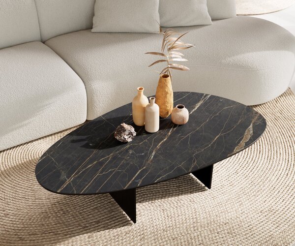 DELIFE Dohányzóasztal Edge ovális 140x75 cm Laminam® kerámia Noir Desir barna Salto fém fekete