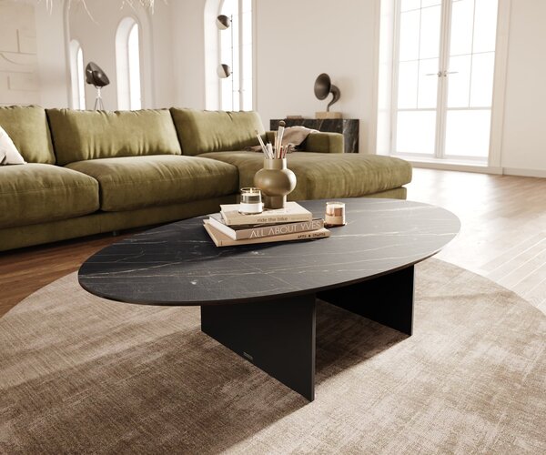 DELIFE Dohányzóasztal Edge ovális 140x80 cm Laminam® kerámia Noir Desir barna Salto fém fekete
