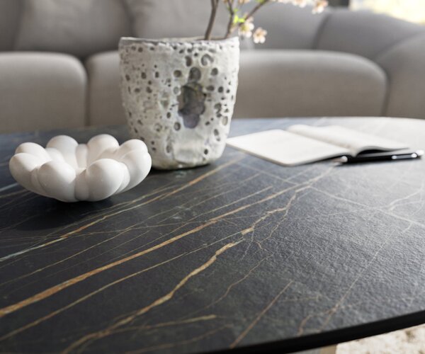 DELIFE Dohányzóasztal Edge organikus 140x76 cm Laminam® kerámia Noir Desir barna Lumia akril