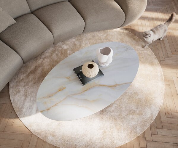 DELIFE Dohányzóasztal Edge ovális 140x80 cm kerámia onyx pearl Casilda titán effektfinish