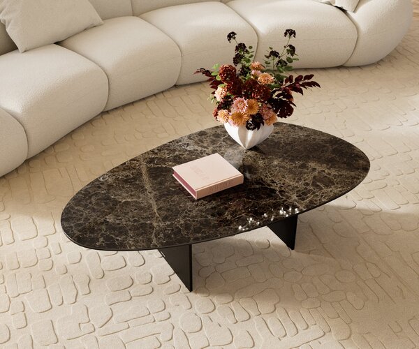 DELIFE Dohányzóasztal Edge ovális 140x75 cm kerámia emperador extra lucidato sötétbarna Salto fém fekete