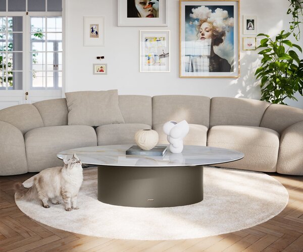 DELIFE Dohányzóasztal Edge ovális 140x80 cm kerámia onyx pearl Casilda titán effektfinish