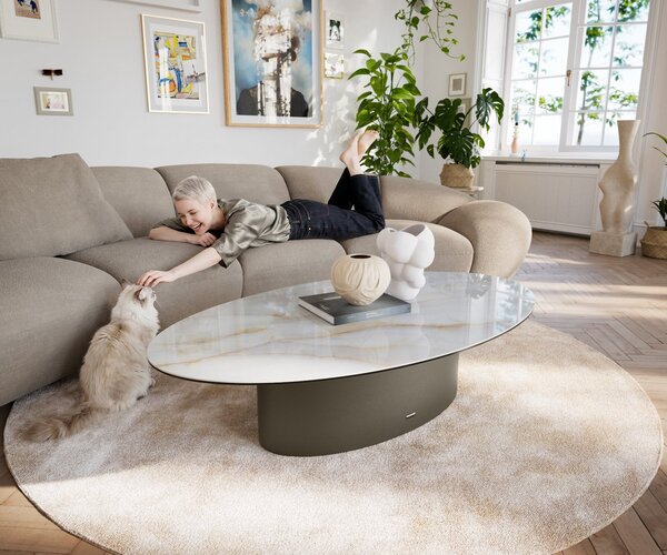 DELIFE Dohányzóasztal Edge ovális 140x80 cm kerámia onyx pearl Casilda titán effektfinish