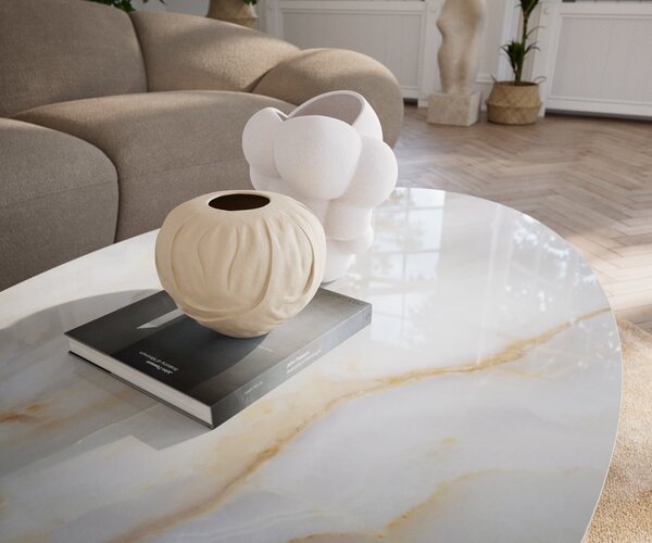 DELIFE Dohányzóasztal Edge ovális 140x80 cm kerámia onyx pearl Casilda titán effektfinish
