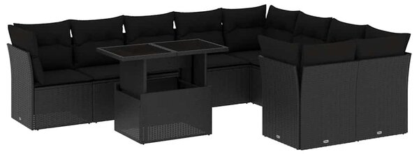 10 részes fekete polyrattan kerti ülőgarnitúra párnákkal