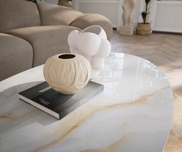 DELIFE Dohányzóasztal Edge ovális 140x80 cm kerámia onyx pearl Conis fém fekete