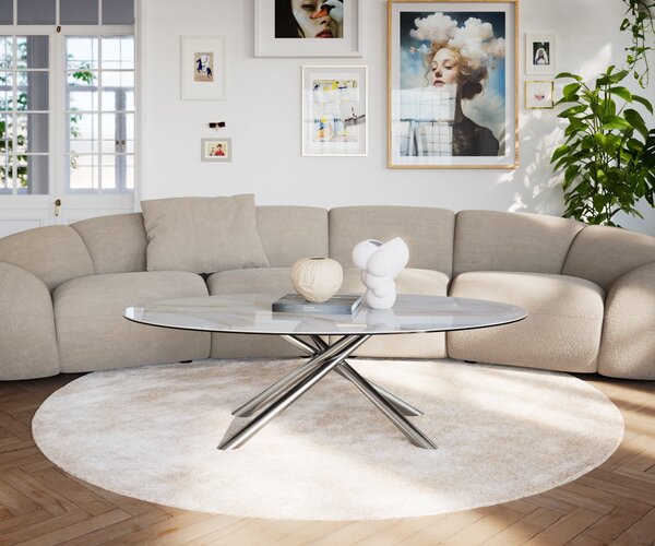 DELIFE Dohányzóasztal Edge ovális 140x80 cm kerámia ónix gyöngy Sarity rozsdamentes acél szálcsiszolt