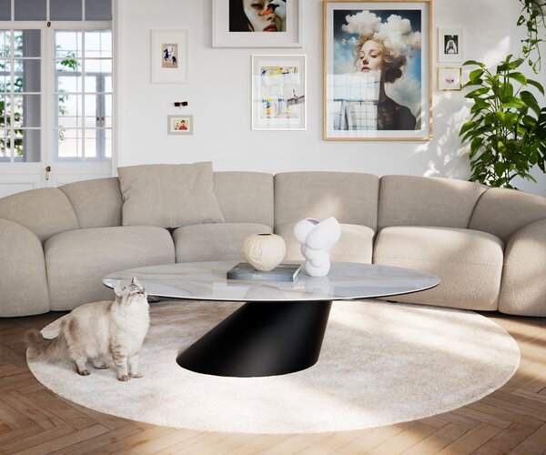 DELIFE Dohányzóasztal Edge ovális 140x80 cm kerámia onyx pearl Conis fém fekete