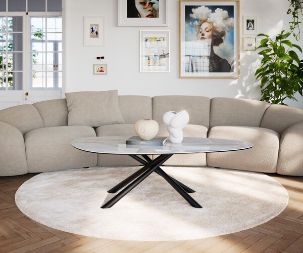DELIFE Dohányzóasztal Edge ovális 140x75 cm kerámia onyx pearl Sarity fém fekete