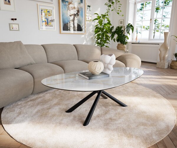 DELIFE Dohányzóasztal Edge ovális 140x75 cm kerámia onyx pearl Sarity fém fekete