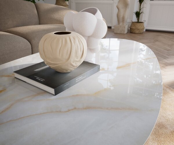 DELIFE Dohányzóasztal Edge ovális 140x75 cm kerámia onyx pearl Sarity fém fekete