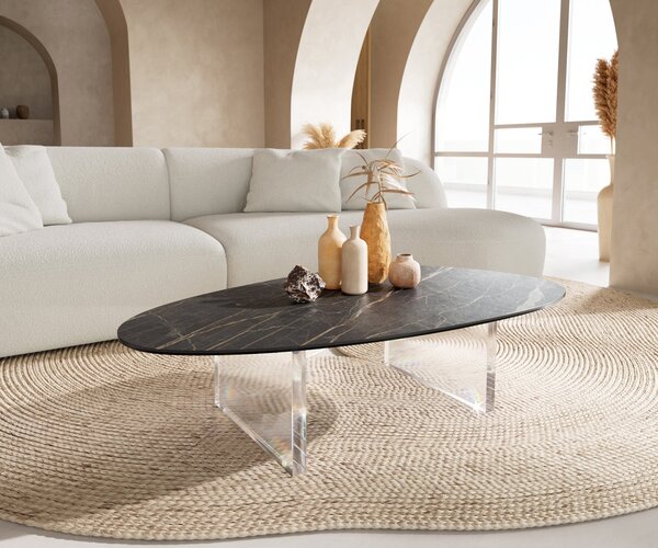 DELIFE Dohányzóasztal Edge ovális 140x75 cm Laminam® kerámia Noir Desir barna Lumia akril