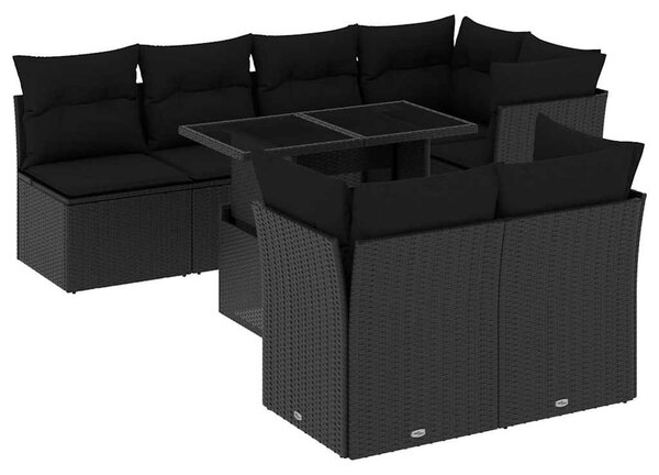8 részes fekete polyrattan kerti ülőgarnitúra párnákkal