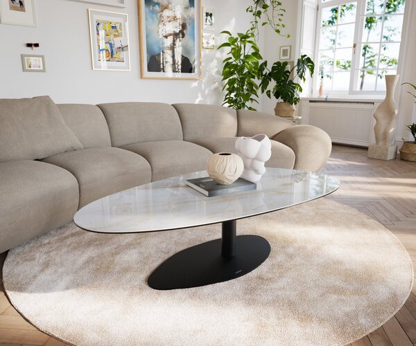 DELIFE Dohányzóasztal Edge ovális 140x75 cm kerámia ónix gyöngy Vibany fém fekete