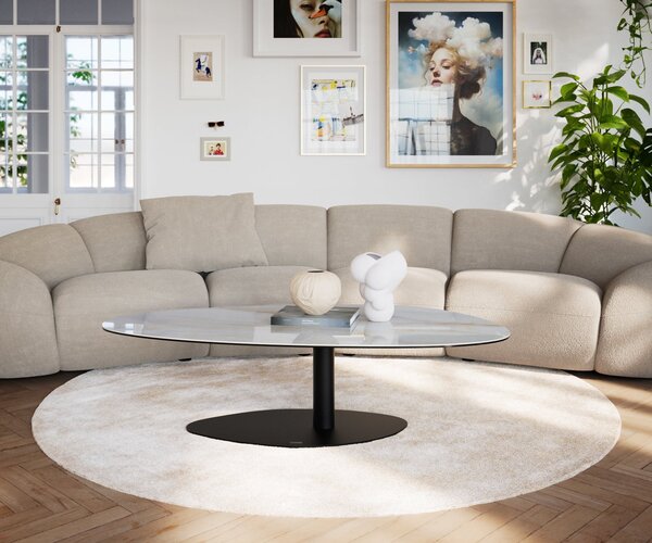 DELIFE Dohányzóasztal Edge ovális 140x75 cm kerámia ónix gyöngy Vibany fém fekete