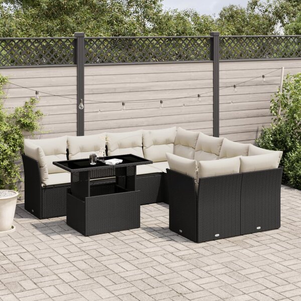 9 részes fekete polyrattan kerti ülőgarnitúra párnákkal