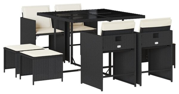 9 részes fekete polyrattan kerti étkezőgarnitúra párnákkal