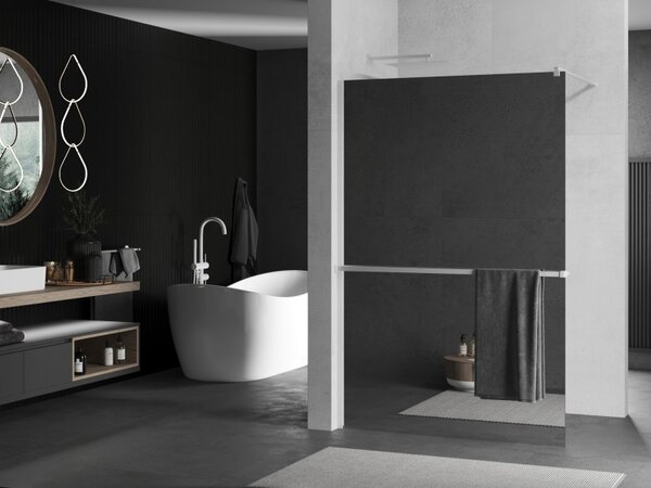 Mexen Kioto+, Walk-In zuhanyparaván polccal és akasztóval 70 x 200 cm, 8 mm tükörmintás üveg, fehér profil, 800-070-121-20-50