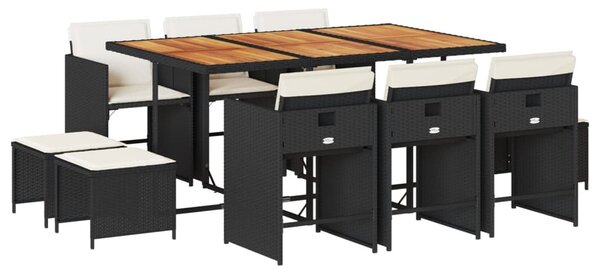11 részes fekete polyrattan kerti étkezőgarnitúra párnákkal