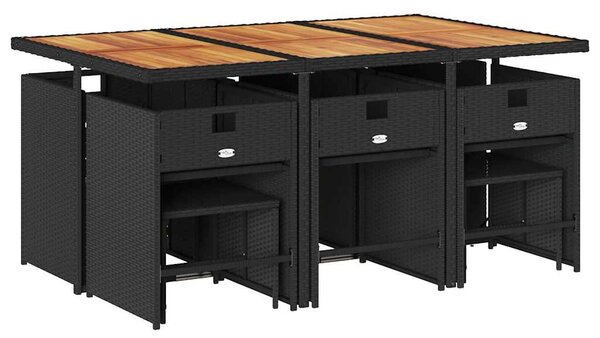 11 részes fekete polyrattan kerti étkezőgarnitúra párnákkal