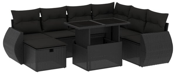 8 részes fekete polyrattan kerti ülőgarnitúra párnákkal