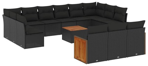 14 részes fekete polyrattan kerti ülőgarnitúra párnákkal