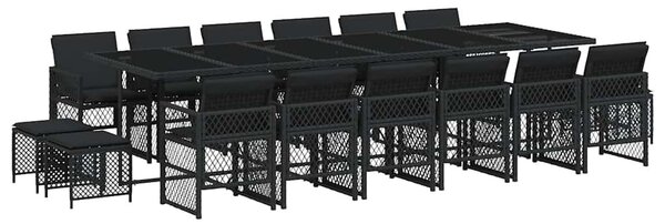 17 részes fekete polyrattan kerti étkezőgarnitúra párnákkal