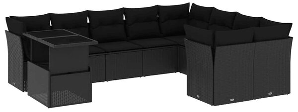 10 részes fekete polyrattan kerti ülőgarnitúra párnákkal