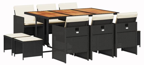11 részes fekete polyrattan kerti étkezőgarnitúra párnákkal