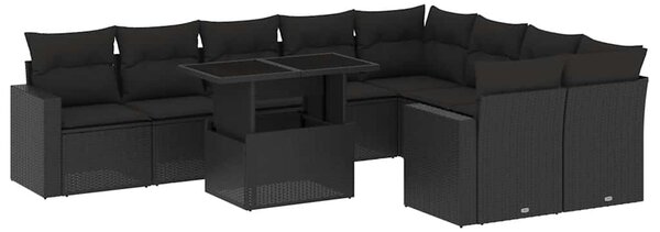 10 részes fekete polyrattan kerti ülőgarnitúra párnákkal