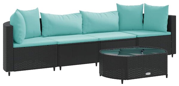 5 részes fekete polyrattan kerti kanapészett párnákkal