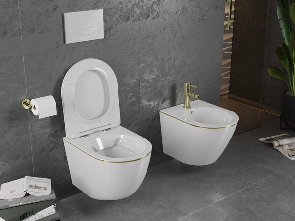 Mexen Lena, függő WC csésze 480x360x355 mm, fehér - arany él, 30224005