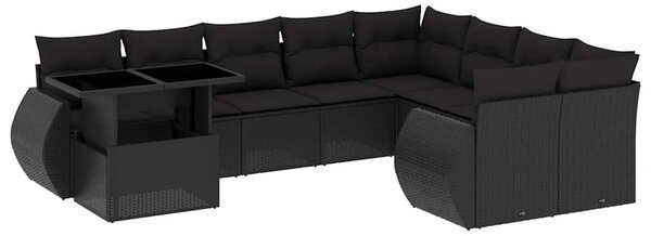 10 részes fekete polyrattan kerti ülőgarnitúra párnákkal