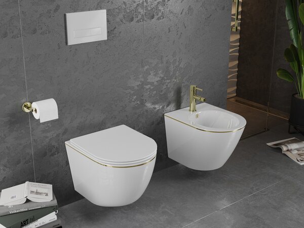 Mexen Lena, függő WC csésze 480x360x355 mm, fehér - arany él, 30224005