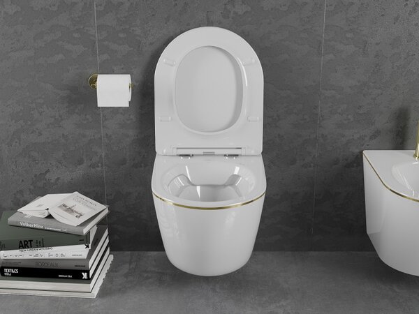 Mexen Lena, függő WC csésze 480x360x355 mm, fehér - arany él, 30224005