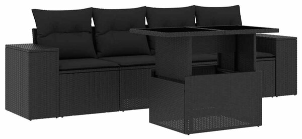 5 részes fekete polyrattan kerti kanapészett párnákkal